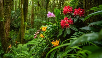 Vibrant orchids and rhododendrons in lush rainforest nature background