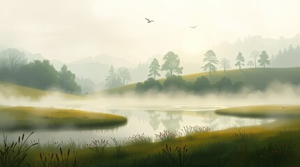 Morning light illuminates a peaceful lakeside setting. Mist floats gently over the water and trees create a soft silhouette against the rising sun