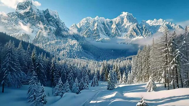 Winter mountain valley snow covered forest footage
