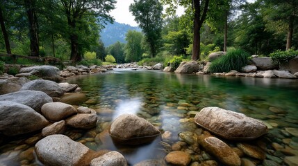 Tranquil river flows amidst lush rocky forest