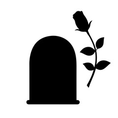 A solemn memorial with a tombstone and a single rose illustration