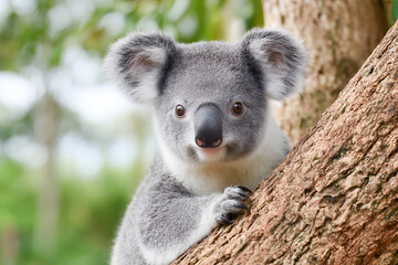 Obraz premium Adorable koala resting on a tree branch, showcasing its fluffy gray fur and large ears, surrounded by lush greenery in a natural habitat, representing wildlife conservation efforts