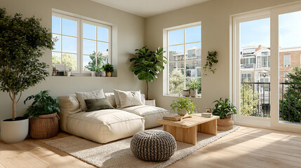 A beautifully styled Scandinavian living room featuring warm wooden floors, neutral tones, and an airy layout bathed in soft daylight. Generative AI