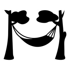 Black and white illustration of a hammock slung between two trees