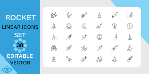 A set of 30 editable linear vector icons depicting rockets, launches, and related startup imagery. Outline vector icon in linear style. Editable stroke. Vector illustration.
