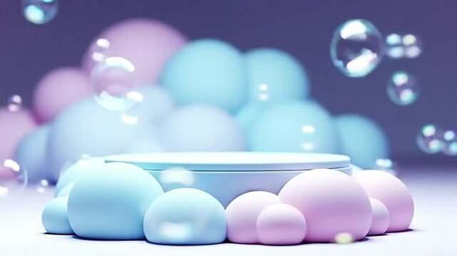 Pastel cloud podium with floating bubbles. Dreamy, playful, ethereal. Perfect for children's content, fantasy, or lighthearted themes