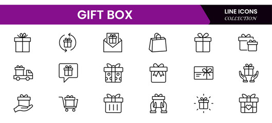Vector illustration web line icon collection featuring gift boxes, presents, ribbons, celebrations, surprises, wrapping, and festive packaging symbols for various occasions.
