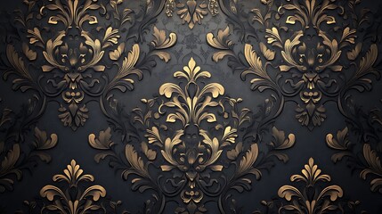 Elegant gold floral damask pattern on a dark background, creating a luxurious and vintage feel