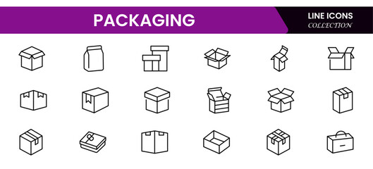 Vector illustration web line icon collection showcasing packaging concepts: boxes, cartons, tape, labels, shipping, wrapping, and secure delivery symbols.
