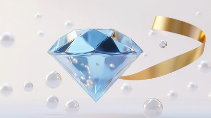 A sparkling blue diamond with a golden ribbon