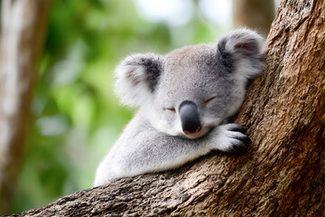 Obraz premium Adorable koala resting peacefully on a tree branch, surrounded by lush green foliage, showcasing its unique features and tranquil nature in a serene environment