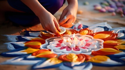 Obraz premium Hands Creating Colorful 3D Flower Rangoli with Diya for Diwali Festival