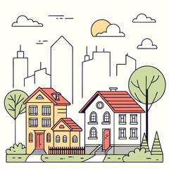 Obraz premium city, house, town, building, vector, home, architecture, street, urban, illustration, cartoon, old, village, design