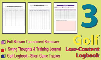 Golf Logbook Template Set, Editable EPS Files for Score Tracking, Course Notes and Performance Logs.