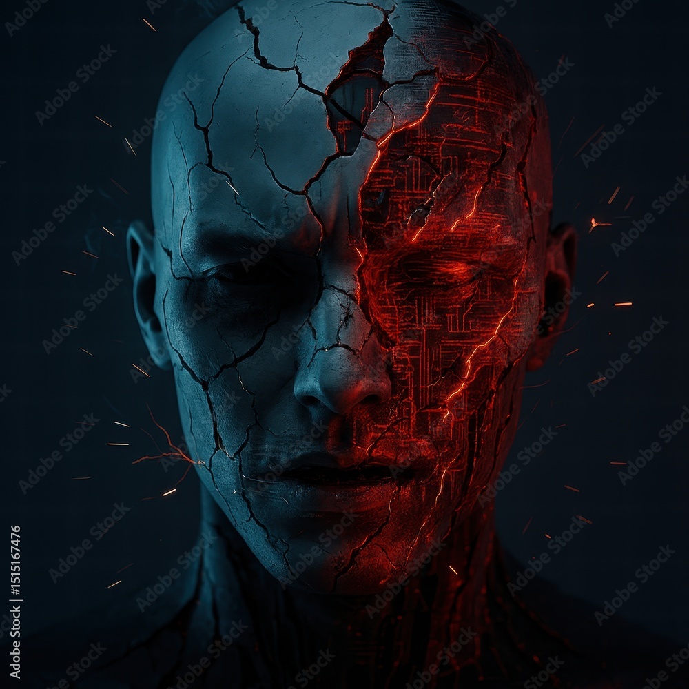 Poster zero-day attack illustrated through a digital human transformation with circuitry and cracks on the 