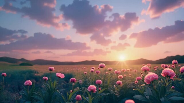 Vibrant flower field at sunset with pink peonies and hills  