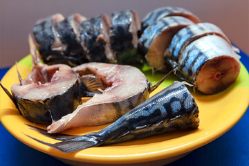 Plate with slices of freshly cut mackerel arranged alongside whole fillets with tails intact. Fish natural texture and colors, suggesting a fresh seafood meal