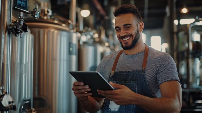 Brewery worker checks inventory on tablet. - Powered by Adobe