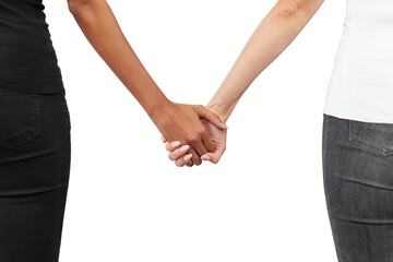Interracial women couple holding hands closeup. Symbol of LGBTQ pride, love, racial diversity,...