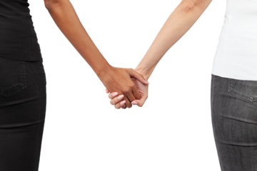 Interracial women couple holding hands closeup. Symbol of LGBTQ pride, love, racial diversity, inclusion, equality, human rights, togetherness, and unity. Isolated on white background