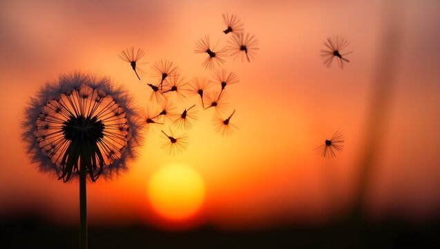 dandelion on sunset, dandelion in the sunset, dandelion on sunset background, 