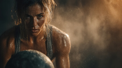 A focused and athletic woman in her 30s performs kettlebell squats in a gritty, industrial-style gym.  Generative AI