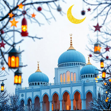 Majestic mosque winter night crescent moon stars lanterns