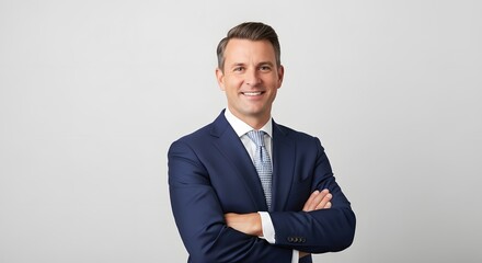A poised business executive exudes confidence with crossed arms, wearing a sharp suit and a friendly, inviting smile. A symbol of professional success and approachability.
