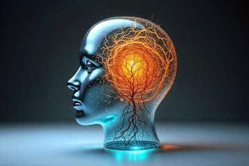 Radiant neural energy visualized within a transparent human head profile