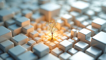 A singular radiant tree emerges, representing unique growth within a structured white cube landscape