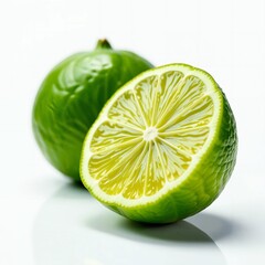 Limes on white background. Close up. Fresh and delicious. Class 1. High quality. Top shelf. Organic. Hand-picked. Quality tested. Generative AI.