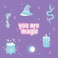 Magic items collection. Halloween elements. Witch hat, candle, key, snake, potion. Hand drawn vector design. Purple background
