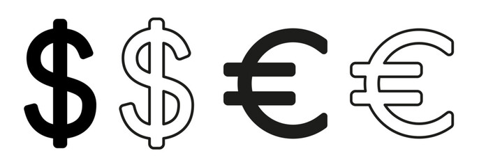 Dollar and euro icon set in solid and outline style