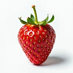 A strawberry on white background. Close up. Fresh and delicious. Class 1. High quality. Top shelf. Organic. Hand-picked. Quality tested. Generative AI.
