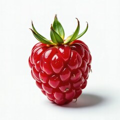 A single raspberry on white background. Close up. Fresh and delicious. Class 1. High quality. Top shelf. Organic. Hand-picked. Quality tested. Generative AI.