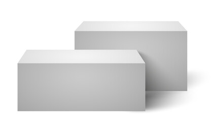 Empty white rectangular podium, top mockup pedestal and platform ascending staircase, concrete flooring stand stage, empty stages and podium stair 3d template for product presentation