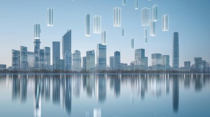 Obraz premium Modern City Skyline with Floating Digital Buildings