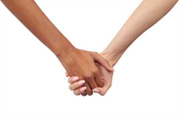 Interracial women couple holding hands closeup. Symbol of LGBTQ pride, love, racial diversity, inclusion, equality, human rights, togetherness, and unity. Isolated on white background