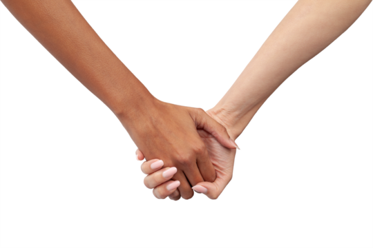 Interracial women couple holding hands closeup. Symbol of LGBTQ pride, love, racial diversity, inclusion, equality, human rights, togetherness, and unity. Isolated on white background