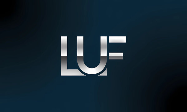 LUF logo design, silver metallic letters on dark background.