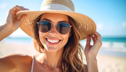 A Gleaming Young Adult Woman Wearing Sunglasses and Adjusting Her Sun Hat on a Summer Beach
