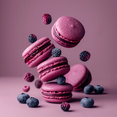 Macarons with raspberries and blueberries on pink background