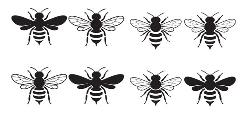  Line Art Bee Illustrations Honeycomb Insect, Black and White Bee icon vector Silhouettes Collection, 