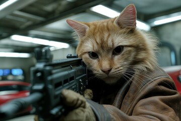 Un gato atigrado naranja con un chaleco de cuero sostiene un arma de asalto con una mirada seria.