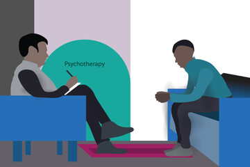 A psychotherapist counselling addiction Therapy to  a young man, sitting on the sofa in an office, vector illustration design background