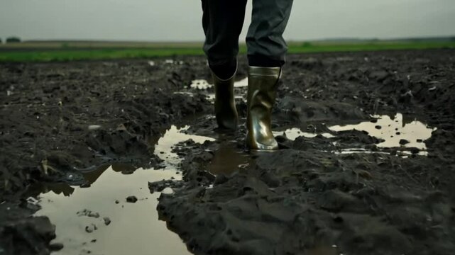 Close-up of muddy rubber boots walking on wet soil outdoors