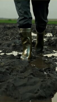 Shiny rubber boots step through fresh wet mud, leaving imprints on damp soil. Agricultural or rainy day concept, full of rural authenticity