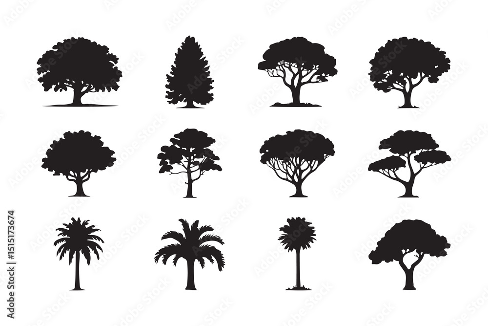 Poster a versatile set of vector tree silhouettes, perfect for nature-inspired design and forest illustrati