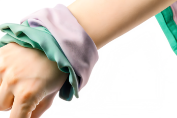 Soft pastel fabric scrunchie on wrist isolated on a white background
