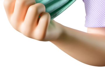 Woman's hand removing light green face mask isolated on a white background